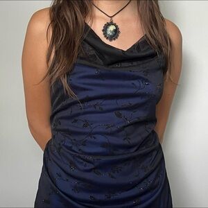 vintage midi midnight/royal blue floral sleeveless dress